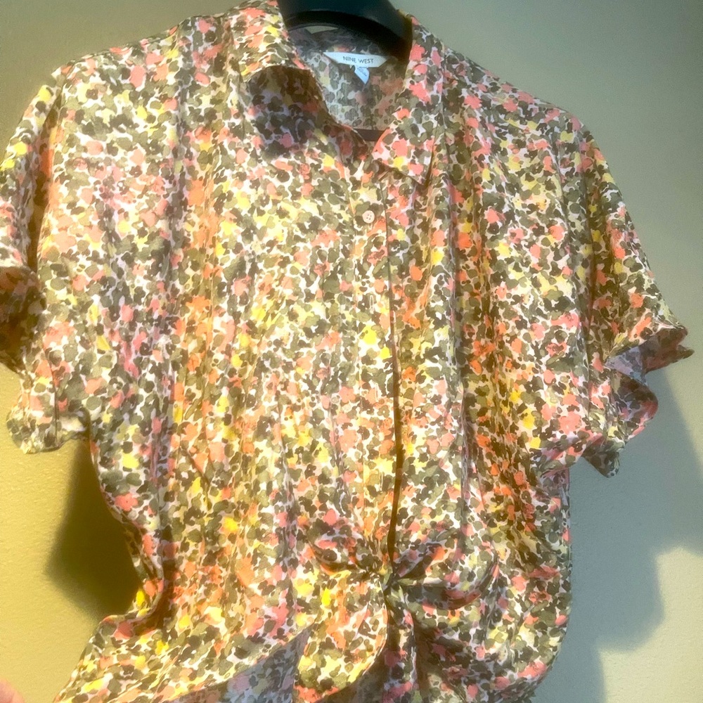 Colorful collard work shirt.